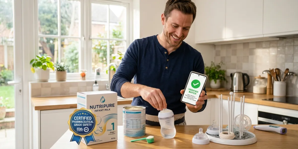 A bright, modern kitchen where a happy father is smiling while preparing a baby bottle. On the count
