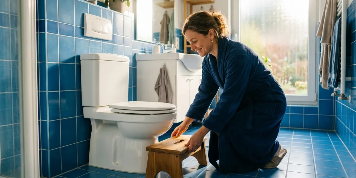 Dans une salle de bains ensoleillée, le carrelage est bleu, une femme de 40 ans vêtue d'un peignoir 