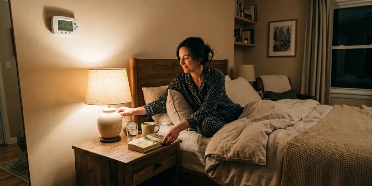 A cozy evening scene in a comfortable bedroom where a woman is relaxing, looking peaceful and happy.