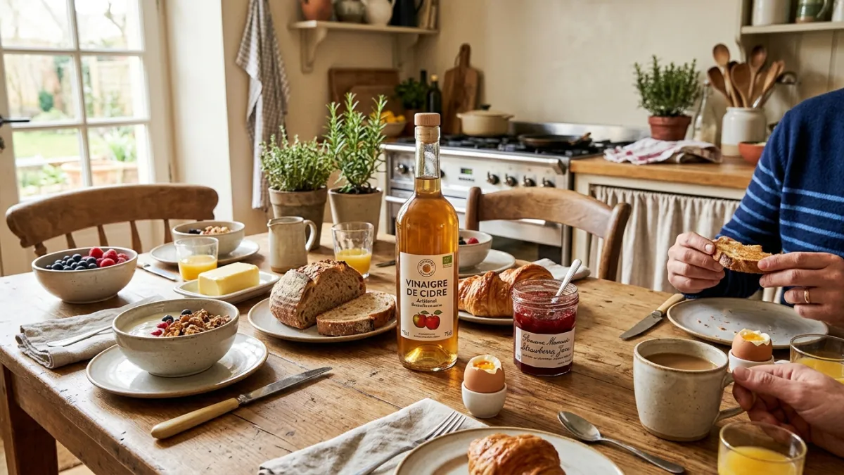 On plante sur la table de déjeuner d'une cuisine, parmi les plats, une bouteille de vinaigre de Cidr