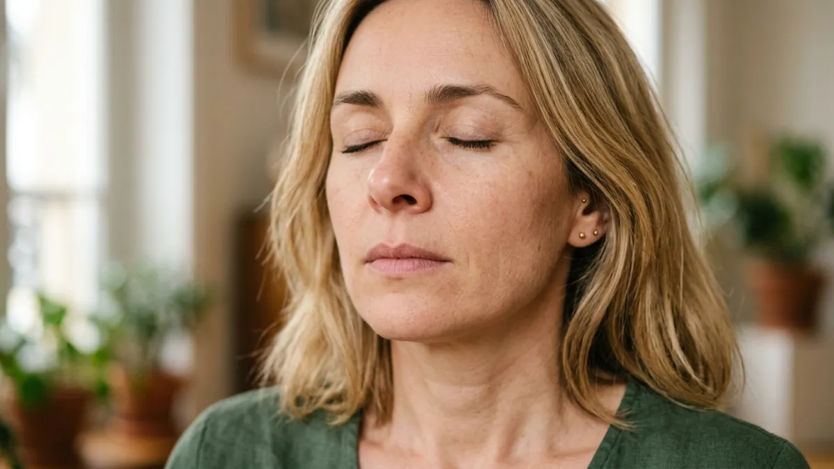 gros plan sur le visage d'une femme blonde de 40 ans. Elle a les yeux et la bouche fermés et on comp