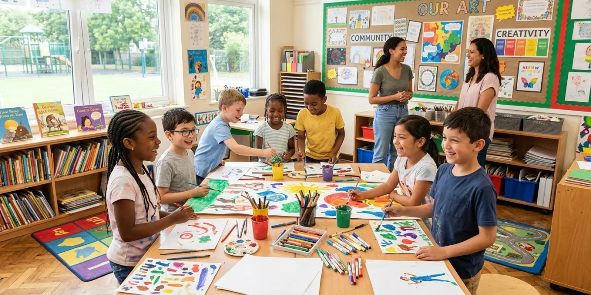 A joyful scene in a sunlit primary school classroom where a diverse group of children aged 6 to 11 a