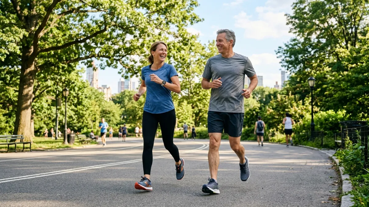 A joyful middle-aged couple jogging together in a sunlit city park, wearing modern high-quality runn