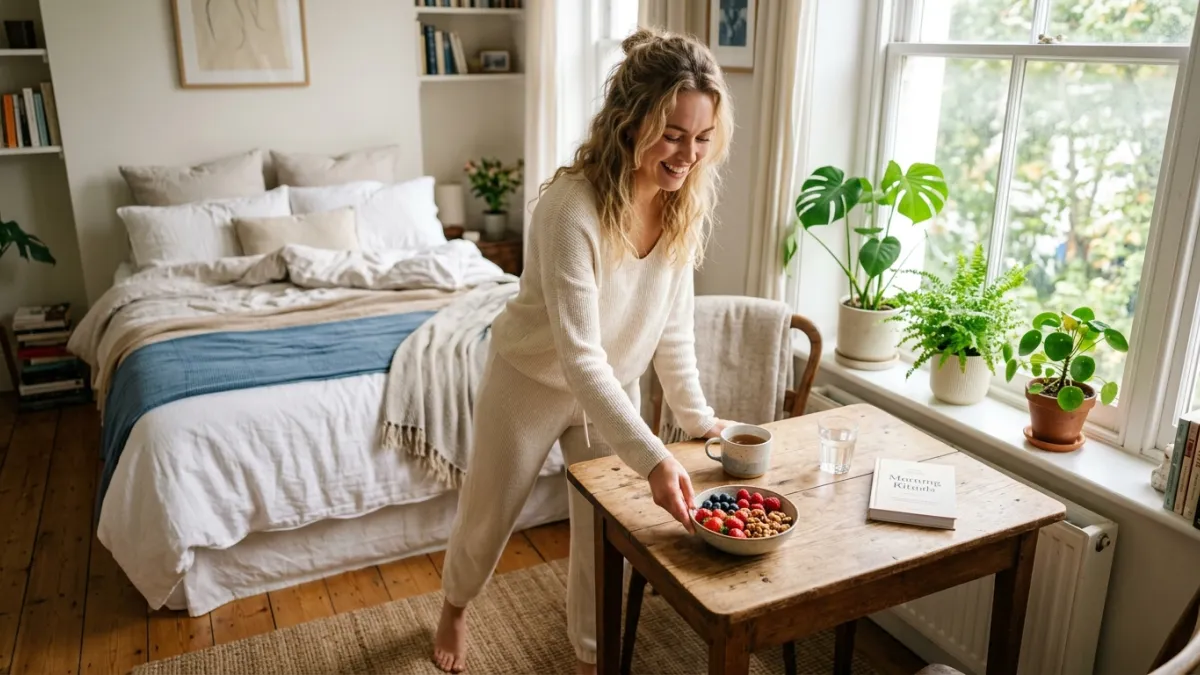 A happy person looking refreshed and full of energy, practicing a peaceful morning routine in a cozy