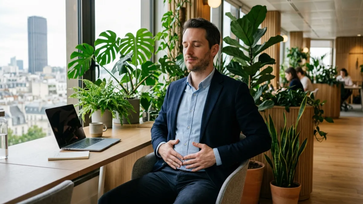 Un homme d'affaires dans un bureau moderne et végétalisé, prenant une pause pour pratiquer la respir