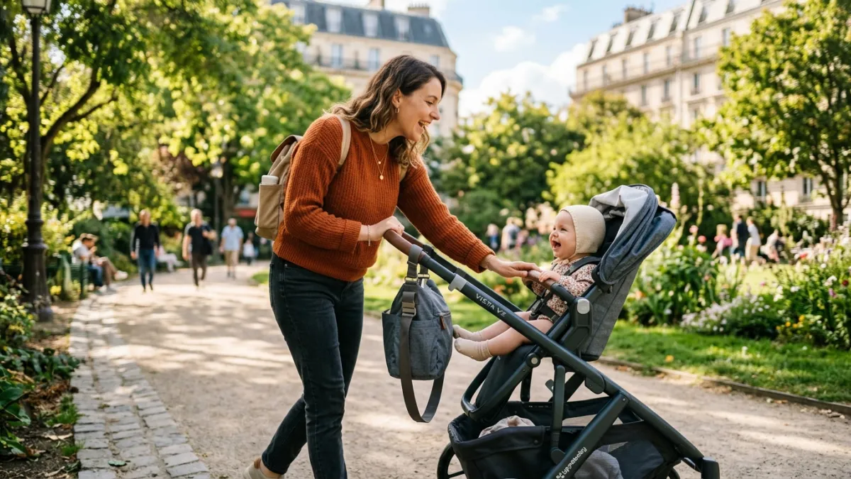 Une photographie réaliste et chaleureuse d'une mère et de son bébé de 7 mois se promenant dans un pa