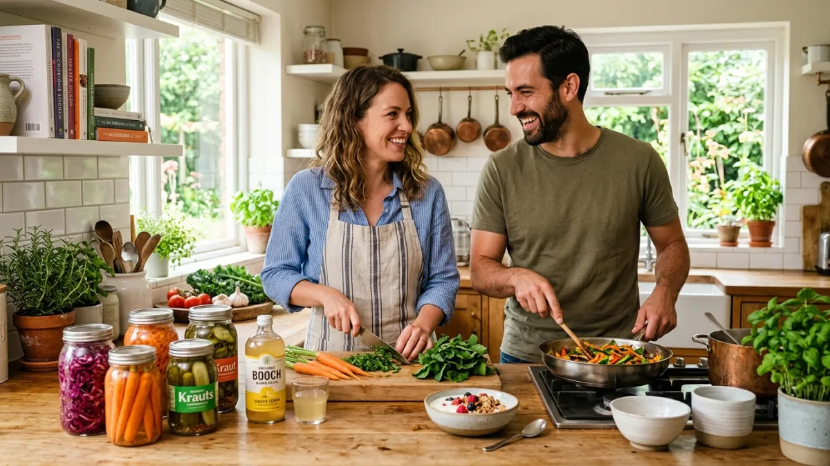 Une scène de vie chaleureuse dans une cuisine lumineuse où un couple souriant prépare un repas sain.