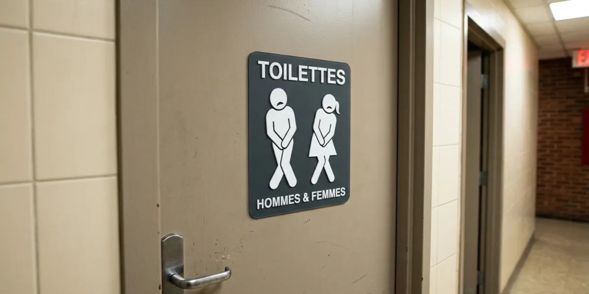 une porte de toilettes avec le logo montrant Homme et femme qui se torde d'envie de miction