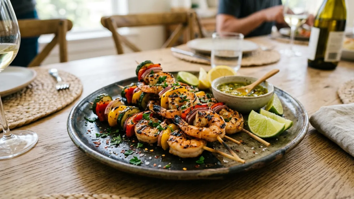 sur une table de salle à manger, gros plan sur un plat de brochettes de crevettes grillées