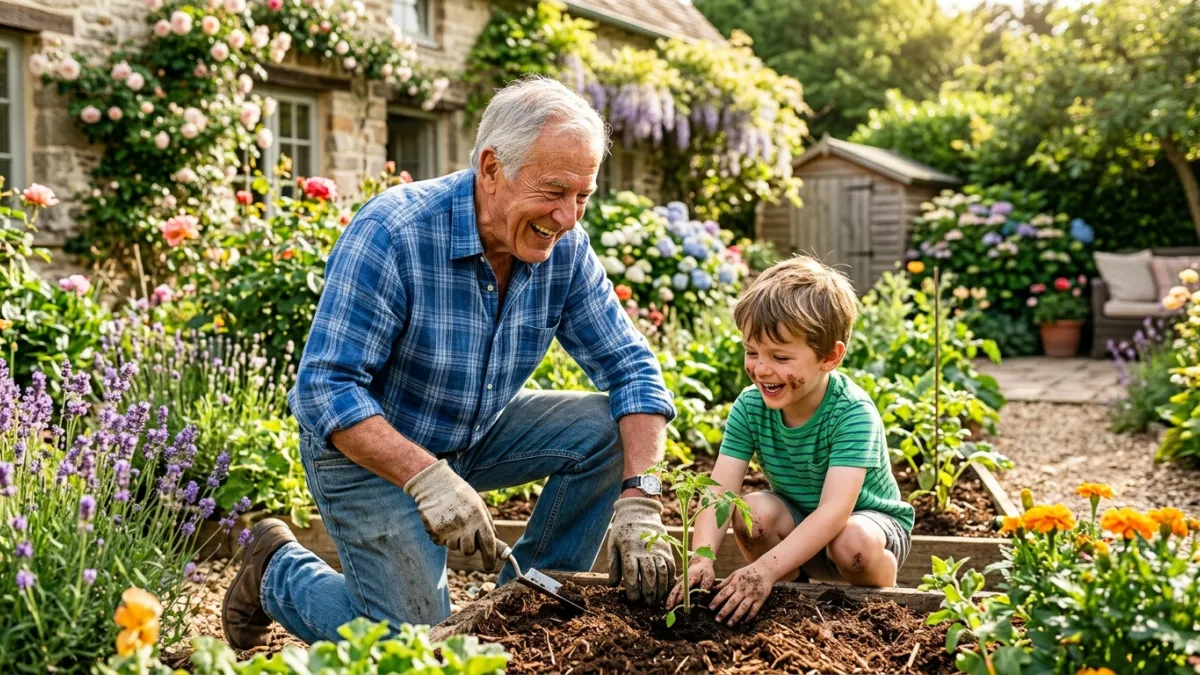Une photographie réaliste et lumineuse d'un homme de 80 ans, souriant et plein de vitalité, en train