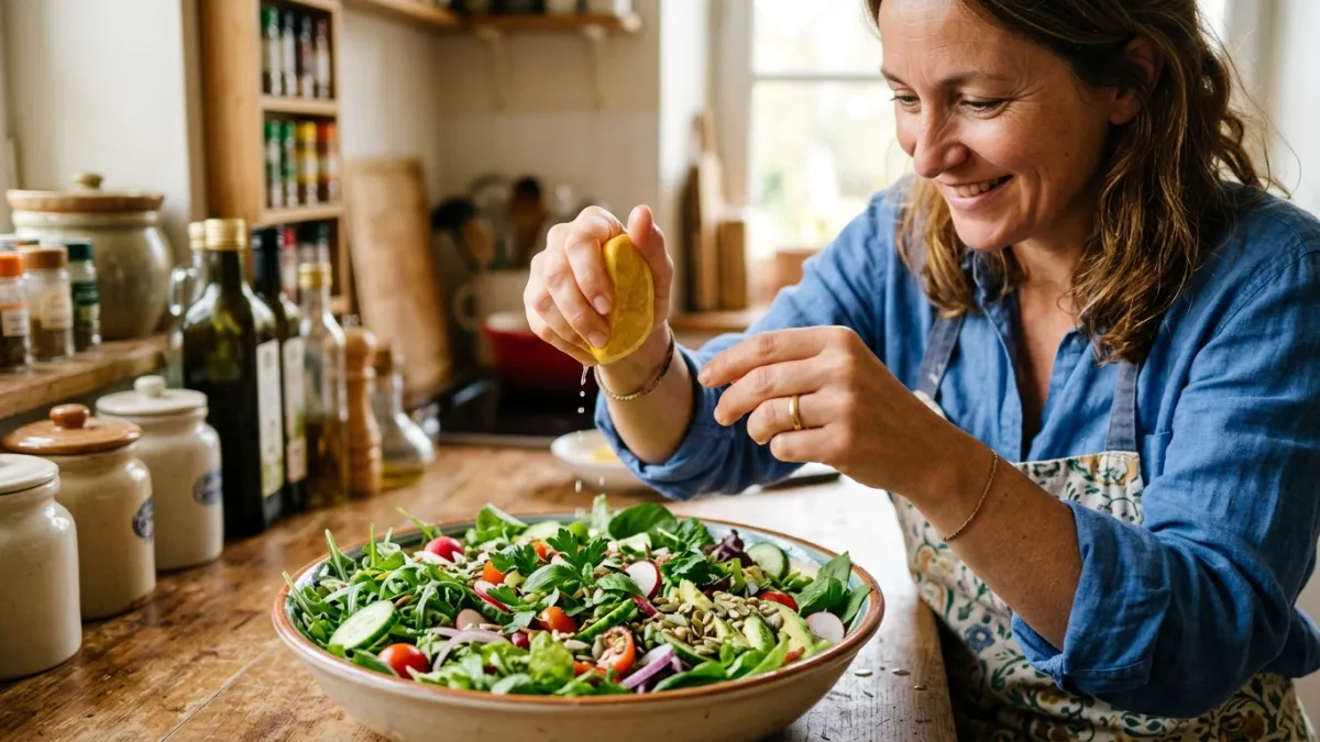 gros plan sur un plat de salade de légumes verts. Une personne de 40 ans en train de préparer est en