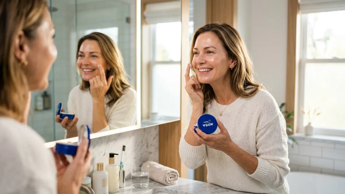 A radiant woman in her 50s with glowing, hydrated skin, smiling warmly while looking at her reflecti