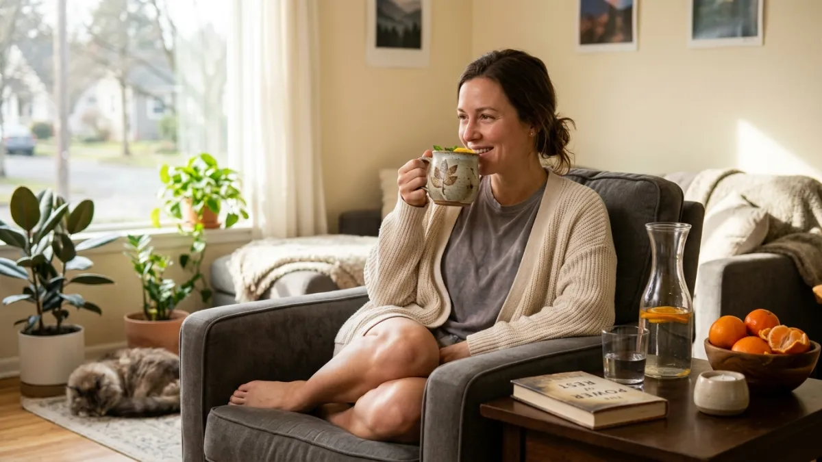 A glowing woman sitting comfortably on a soft armchair, looking refreshed and happy. She is sipping 