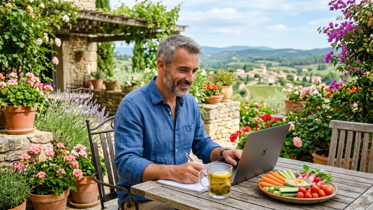 Un homme de 50 ans actif travaillant sereinement sur une terrasse fleurie, affichant un visage repos