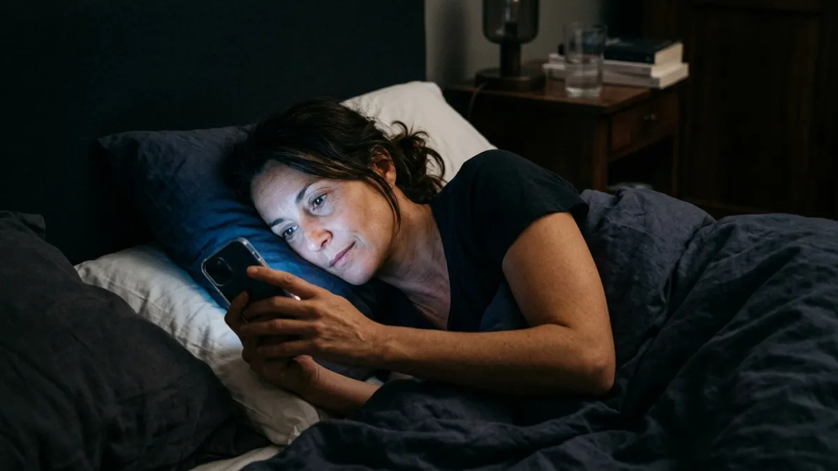 une femme de 45 ans dans son lit dans la pénombre. Elle est en train de regarder son smartphone et s