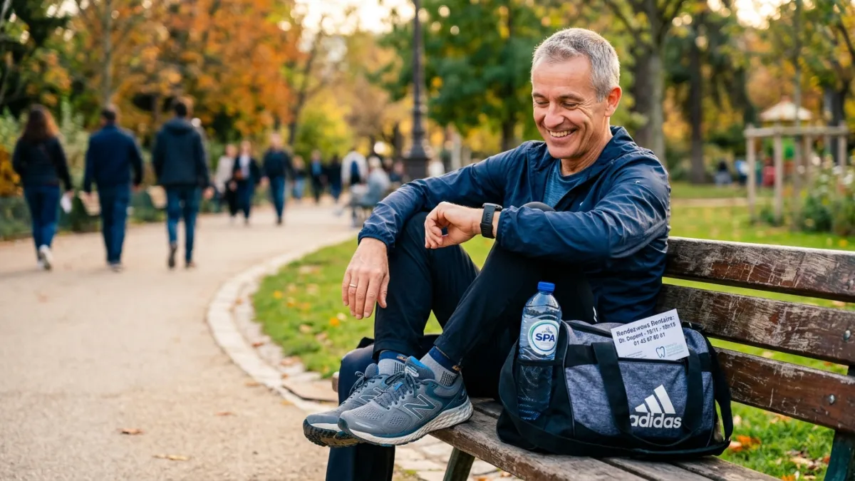 Un homme d'une cinquantaine d'années à l'allure dynamique, s'asseyant sur un banc de parc après une 