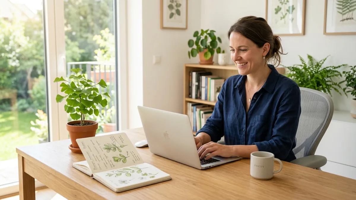 A bright, modern home office where a smiling woman works efficiently on her laptop, looking relaxed 