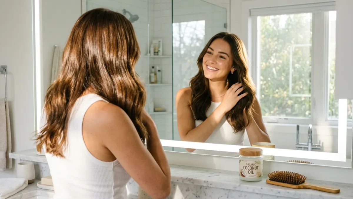 A radiant young woman in a sunlit, modern bathroom, smiling at her reflection while touching her inc