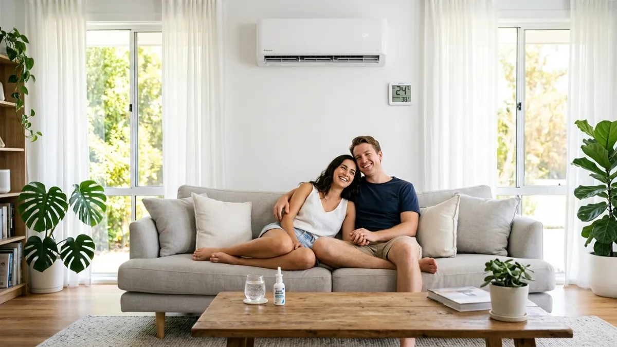 A happy young couple relaxing comfortably in a bright, airy living room during a heatwave. A sleek, 