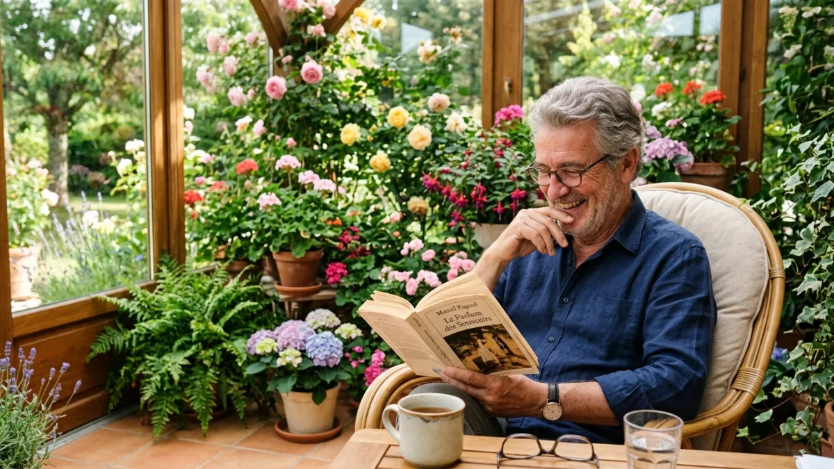 Un homme de 65 ans assis dans une véranda fleurie, riant doucement tout lisant son livre