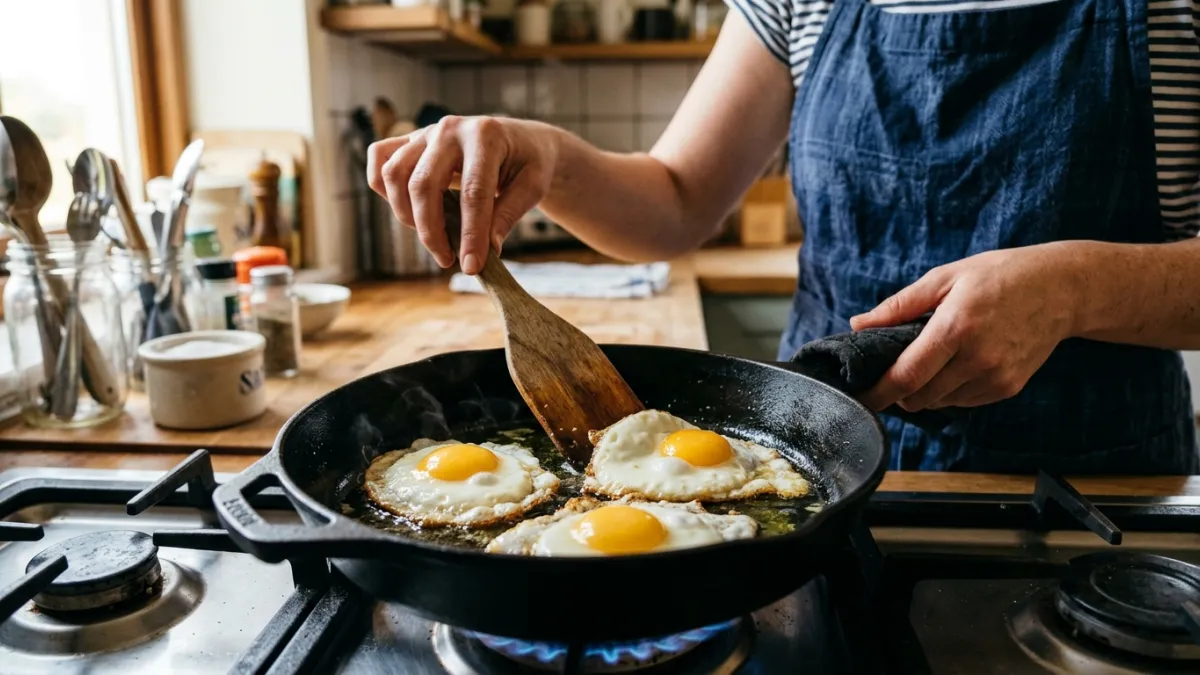 gros plan sur la poele d'une femme dans sa cuisine. Elle est en train de cuire trois oeufs au plat. 
