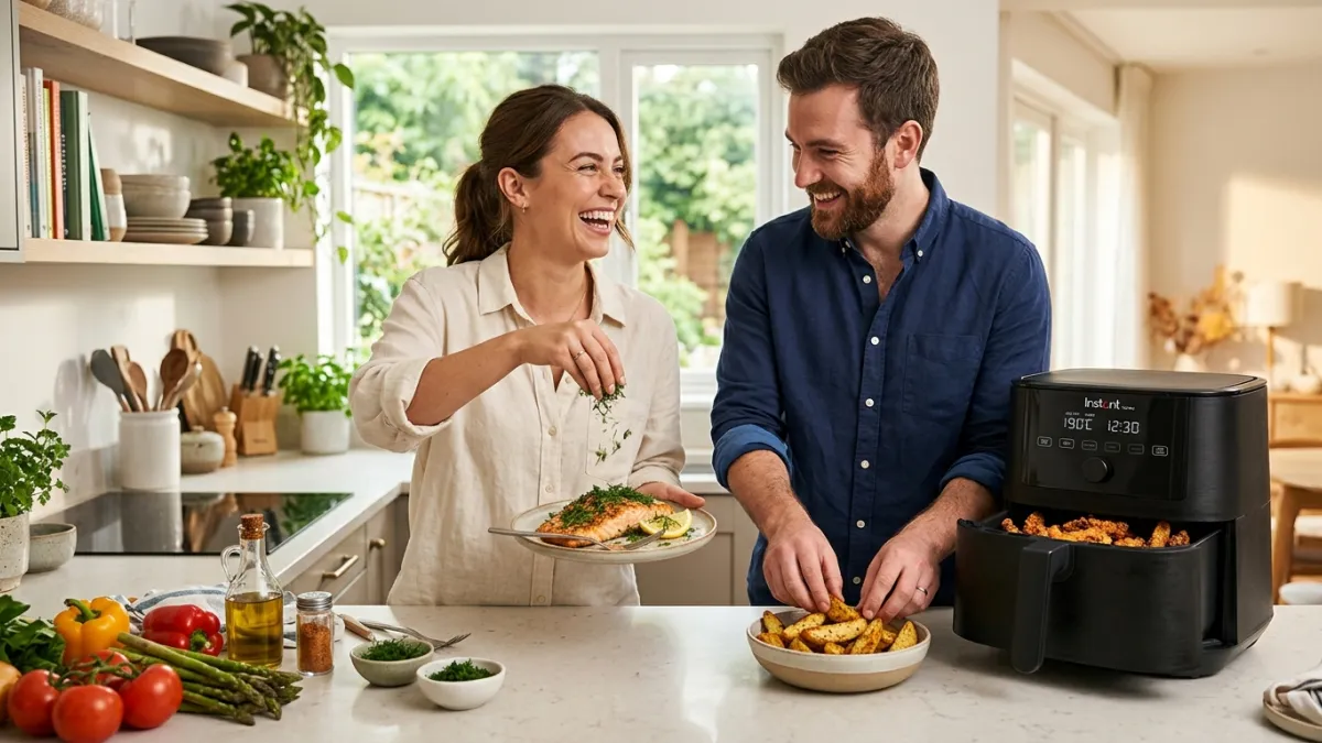 A joyful young couple in a bright, modern kitchen, preparing a healthy dinner using a sleek air frye