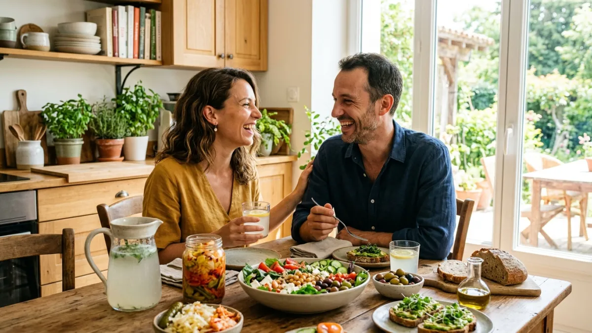 A happy, radiant couple in their mid-30s enjoying a healthy Mediterranean brunch in a sun-drenched k