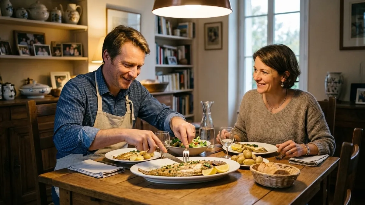 dans une salle à manger française, un couple de 45 ans sont à table, le mari est en train de découpe