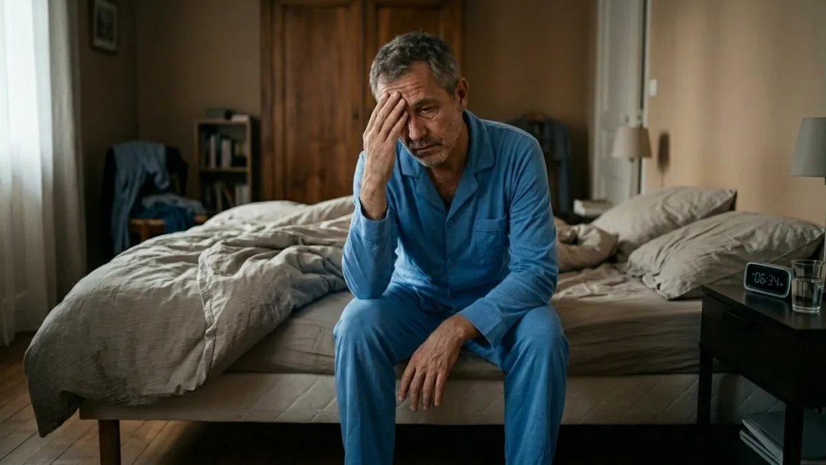 Un homme de 50 ans est en train de se réveiller. Il est assis sur son lit, mais il n'est pas sourian