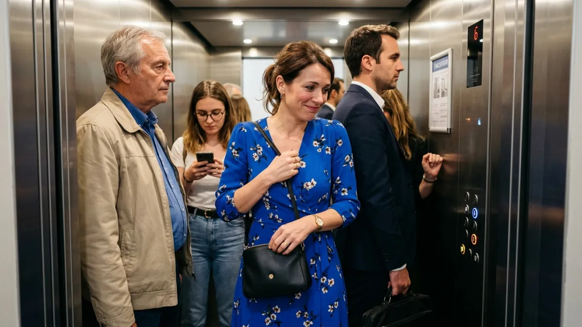 une femme de 40 ans dans un ascenseur avec d'autres personnes. Elle a un air gêné. Elle porte une jo