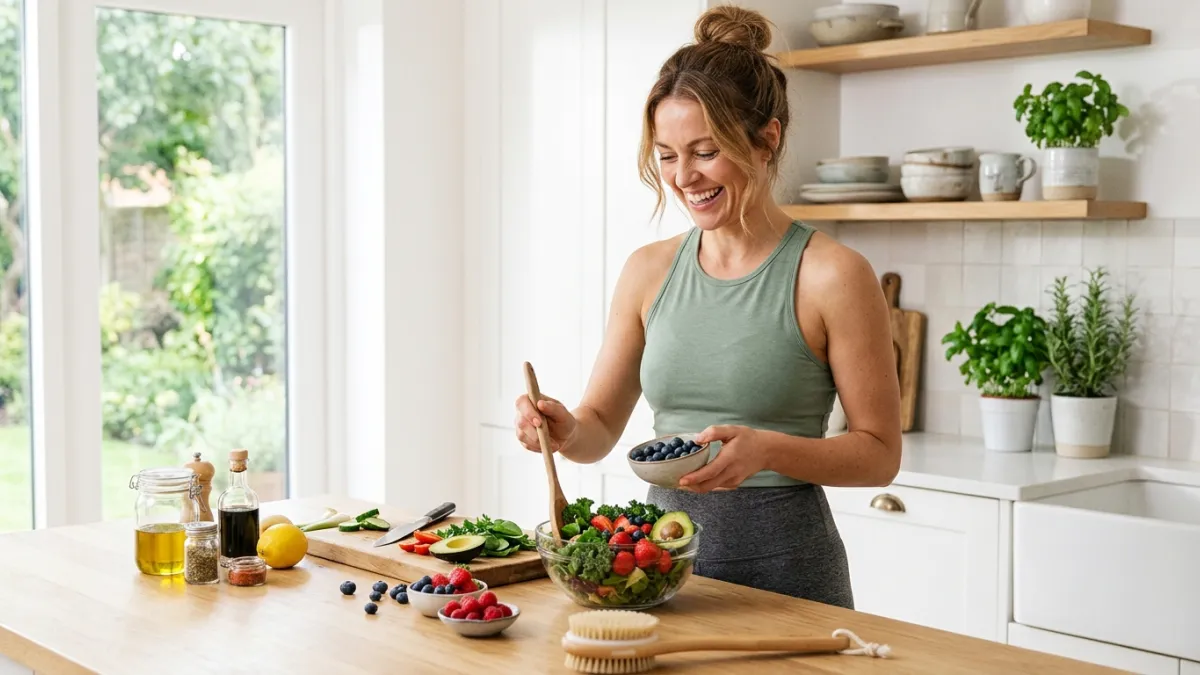 Une femme rayonnante de bonheur dans une cuisine lumineuse préparant un repas coloré et sain composé