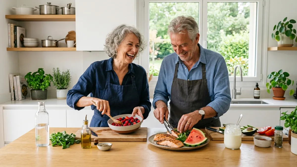 Un couple de seniors radieux dans une cuisine lumineuse et moderne, préparant ensemble un repas colo