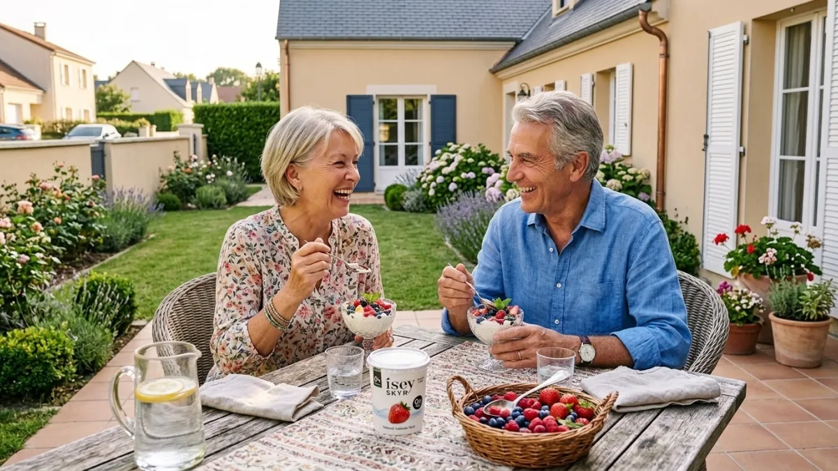 A vibrant senior couple in their late 60s sitting at a wooden patio table in a sunny garden, looking