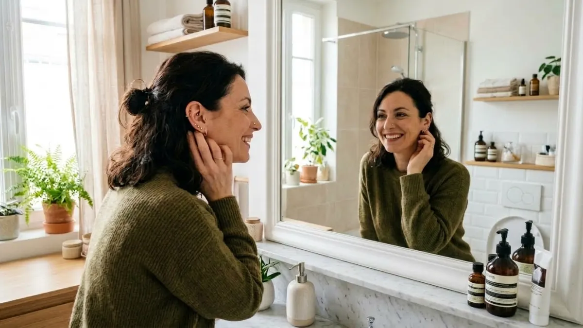 Femme souriante de 40 ans regardant ses piercings au nez dans le miroir.