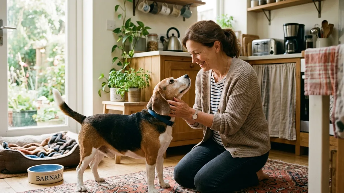 Une femme sourit en caressant son vieux beagle plein de vitalité en cuisine.