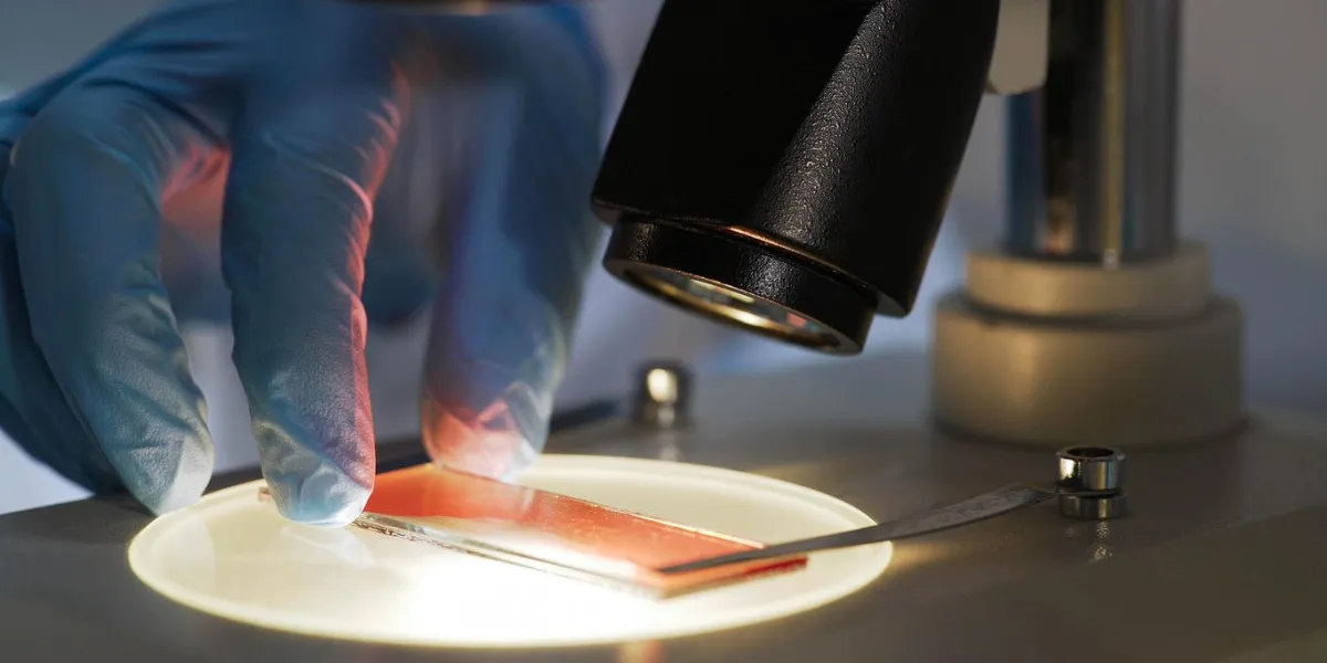 medical scientist studying blood sample under microscope, biochemical research