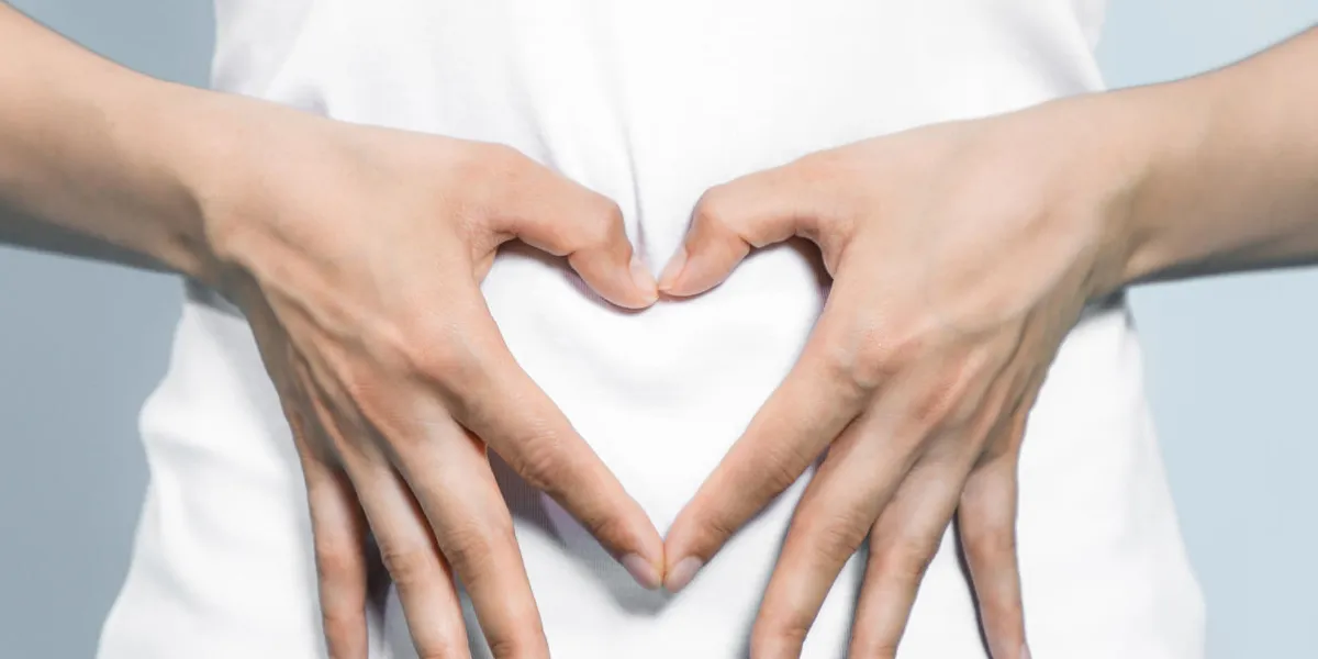 young woman who makes a heart shape by hands on her stomach young woman who makes a heart shape by hands on her stomach