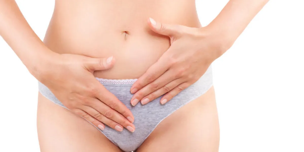 belle femme touchant son ventre en culotte grise isolé sur fond blanc menstruation, période, grossesse et perte de poids corps féminin