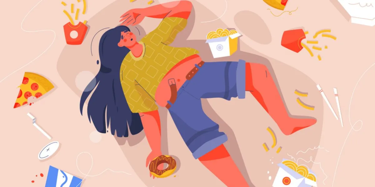 sad fat woman eating donuts, pizza, hot dogs and other fast food, lying on floor overeating, food addiction, behavioral problem, obesity and unhealthy nutrition concept vector character illustration