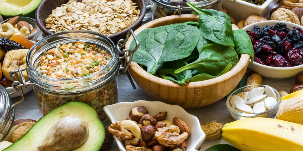 products rich of potassium and magnesium bananas, spinach, nuts, grains, dried fruits, beans and avocado healthy food