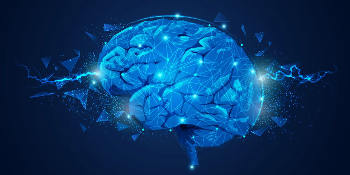 concept of brain power, graphic of brain with lightning and broken polygon element