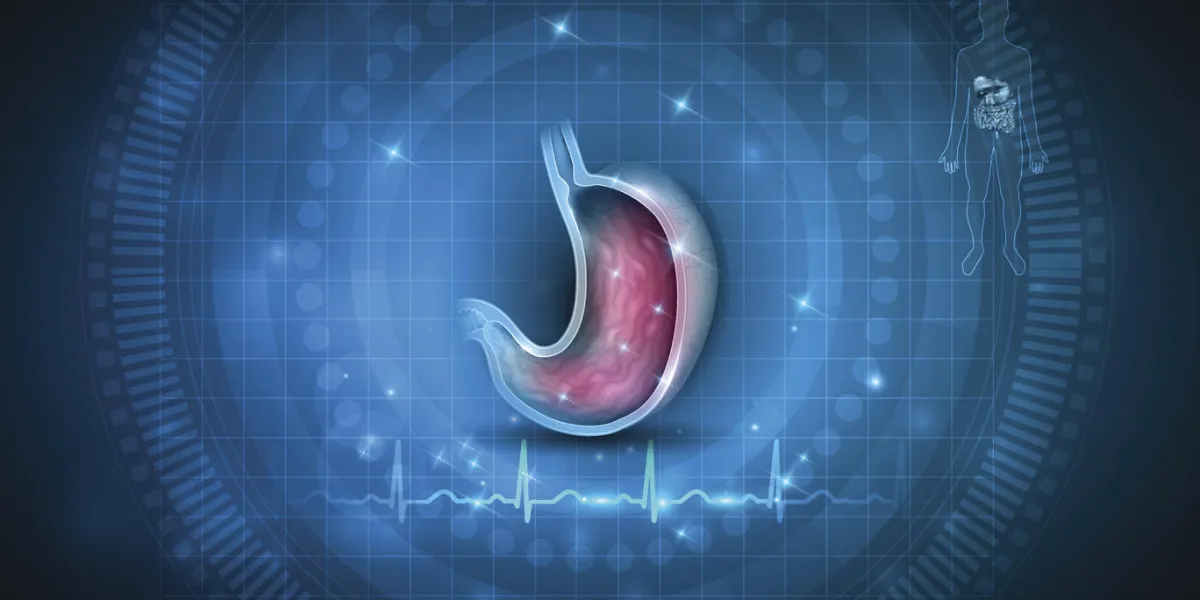 stomach health care blue abstract background, normal cardiogram at the bottom line and human silhouette with internal organs stomach health care blue abstract background, normal cardiogram at the bottom line and human silhouette with internal organs