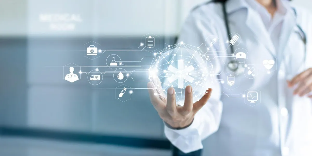 technology innovation and medicine concept doctor and medical network connection with modern virtual screen interface in hand on hospital background