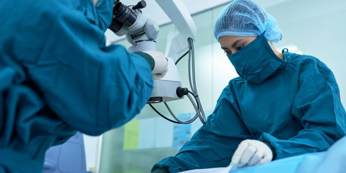 two surgeons working on patient with glaucoma