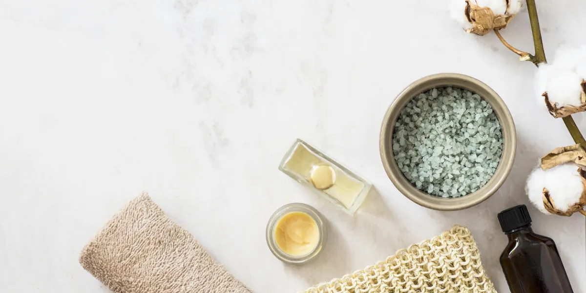 spa beauty cosmetics on white marble table from above copy space spa beauty cosmetics on white marble table from above copy space