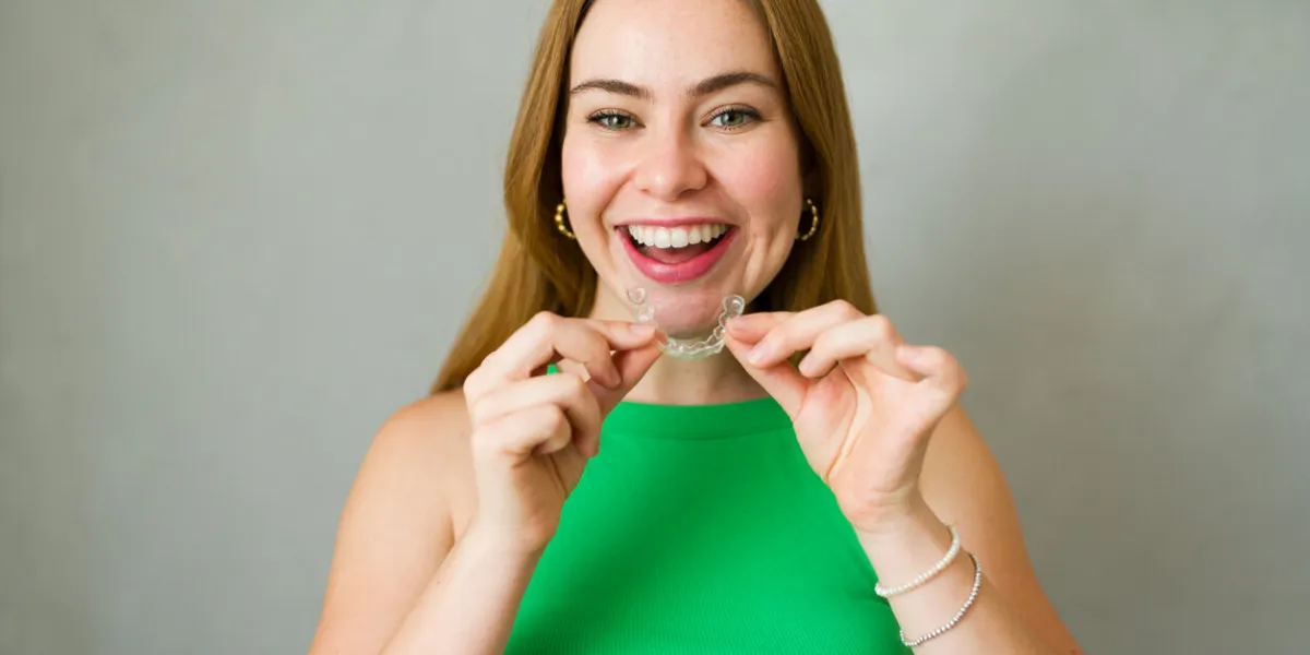 smiling woman putting on invisible braces in studio, focusing on dental care and healthy smile clear aligner enhances oral health and beauty, showing commitment to self-care