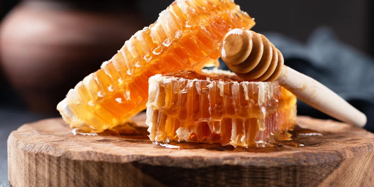 honeycomb and wooden honey dipper raw honey natural honey, closeup view
