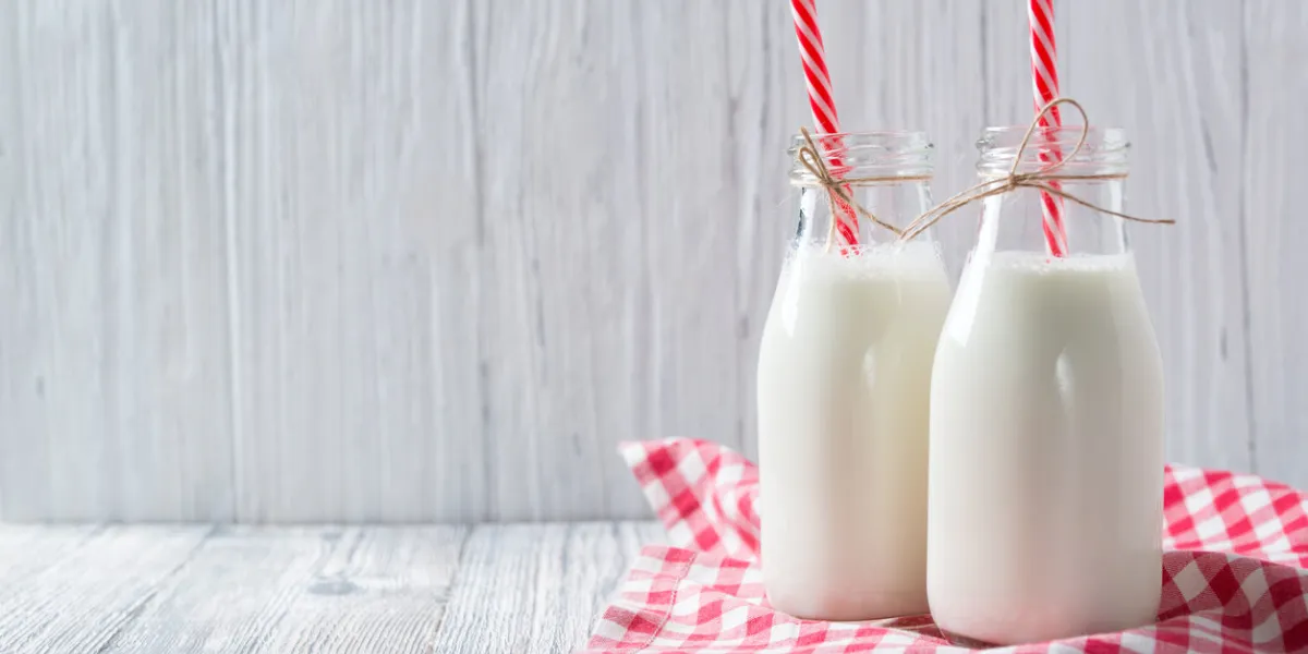 bottles of milk with red straws and checkered towel on grey wooden background