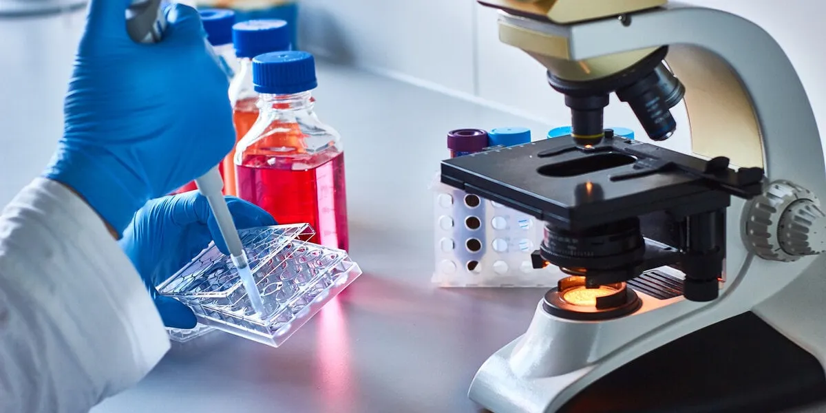 scientist pipetting research samples by the microscope