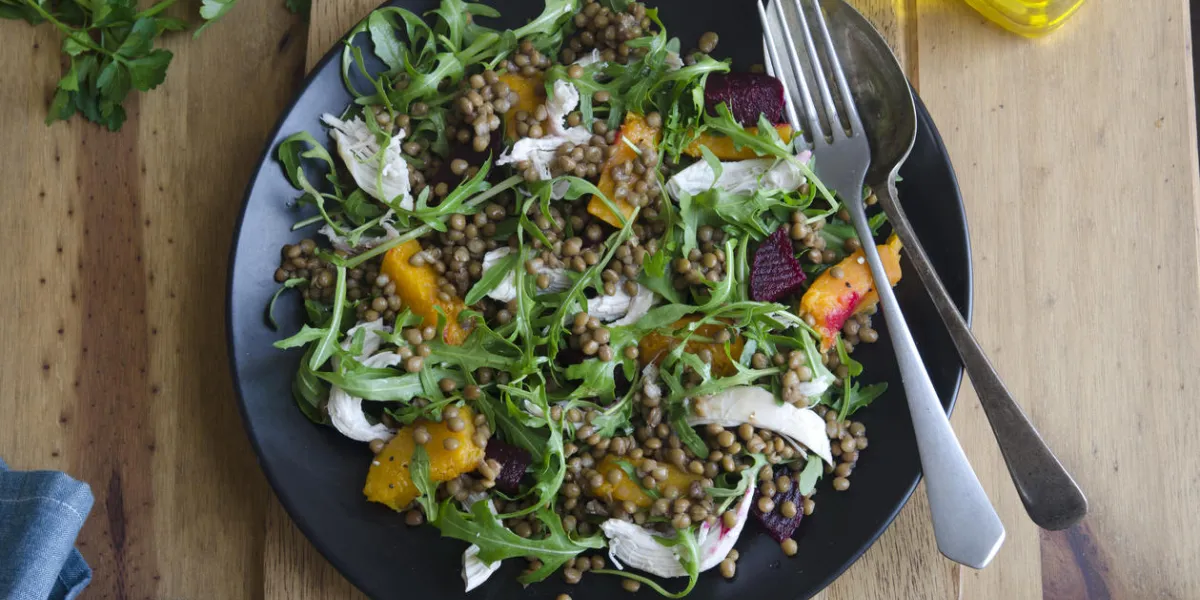 a delicious platter of chicken, lentil and squash medley a delicious platter of chicken, lentil and squash medley